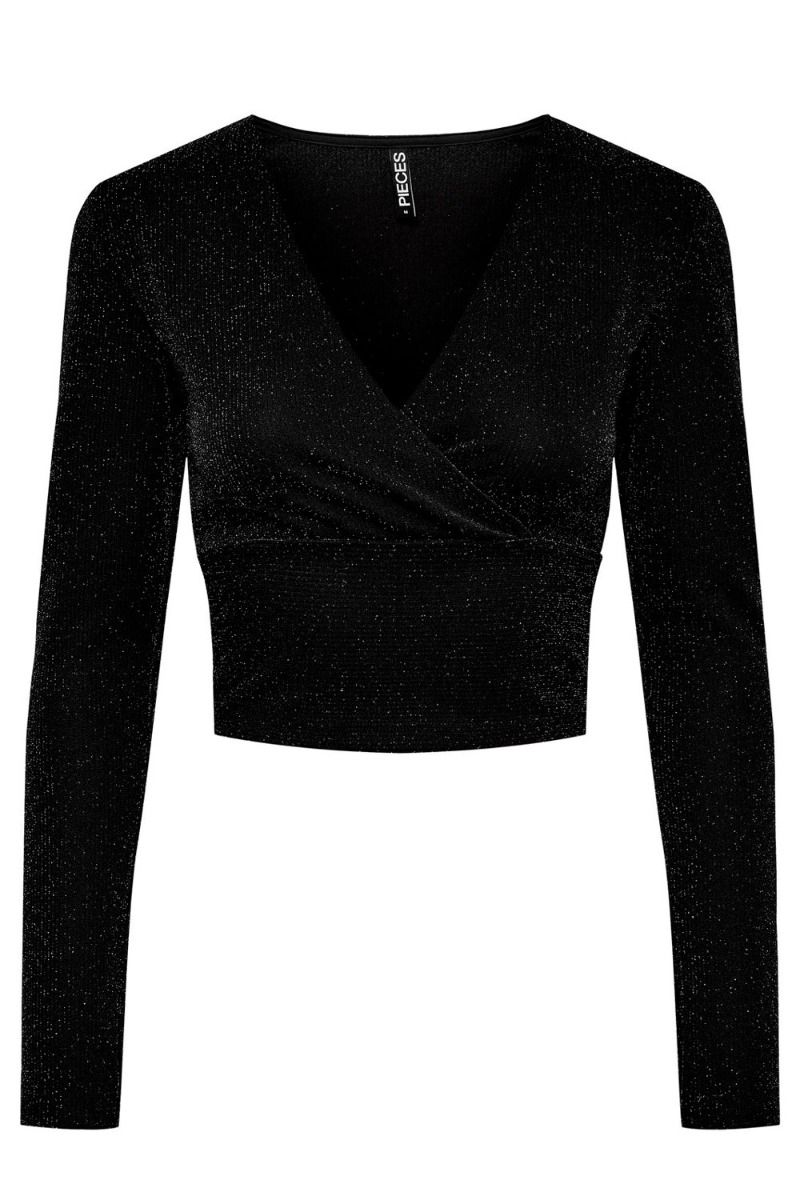 Pieces - Bluse - PC Lina LS Cropped V-Neck Top - Black